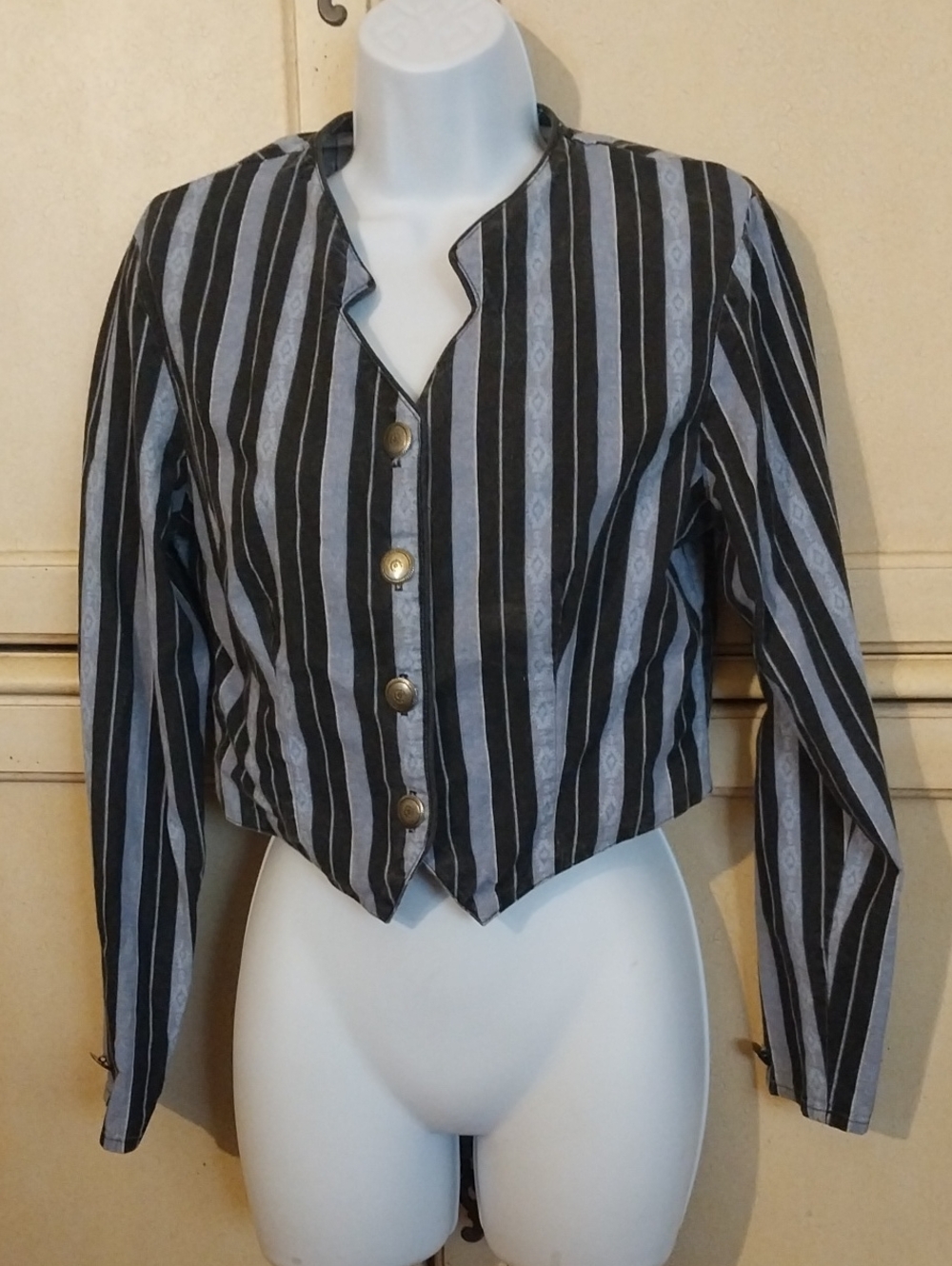 Striped Black & Gray Cropped Button Shirt